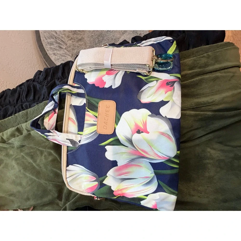 Dachee Floral Laptop Messenger Bag Navy Pink Tulip 15.6 Inch Padded Case Strap